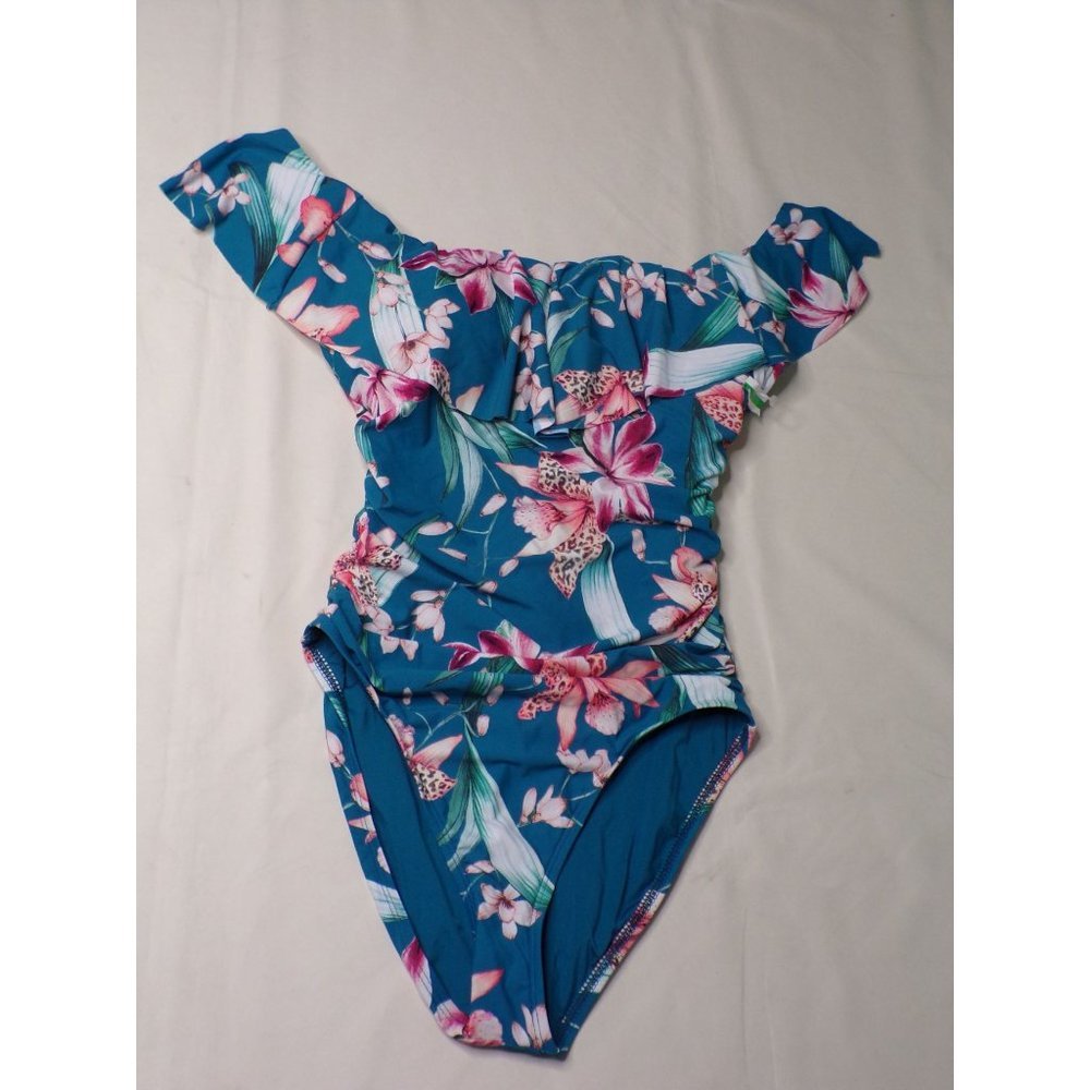 LA BLANCA Off Shoulder Flyaway Orchid Floral Print One Piece Swimsuit 10 NEW - Picture 3 of 7